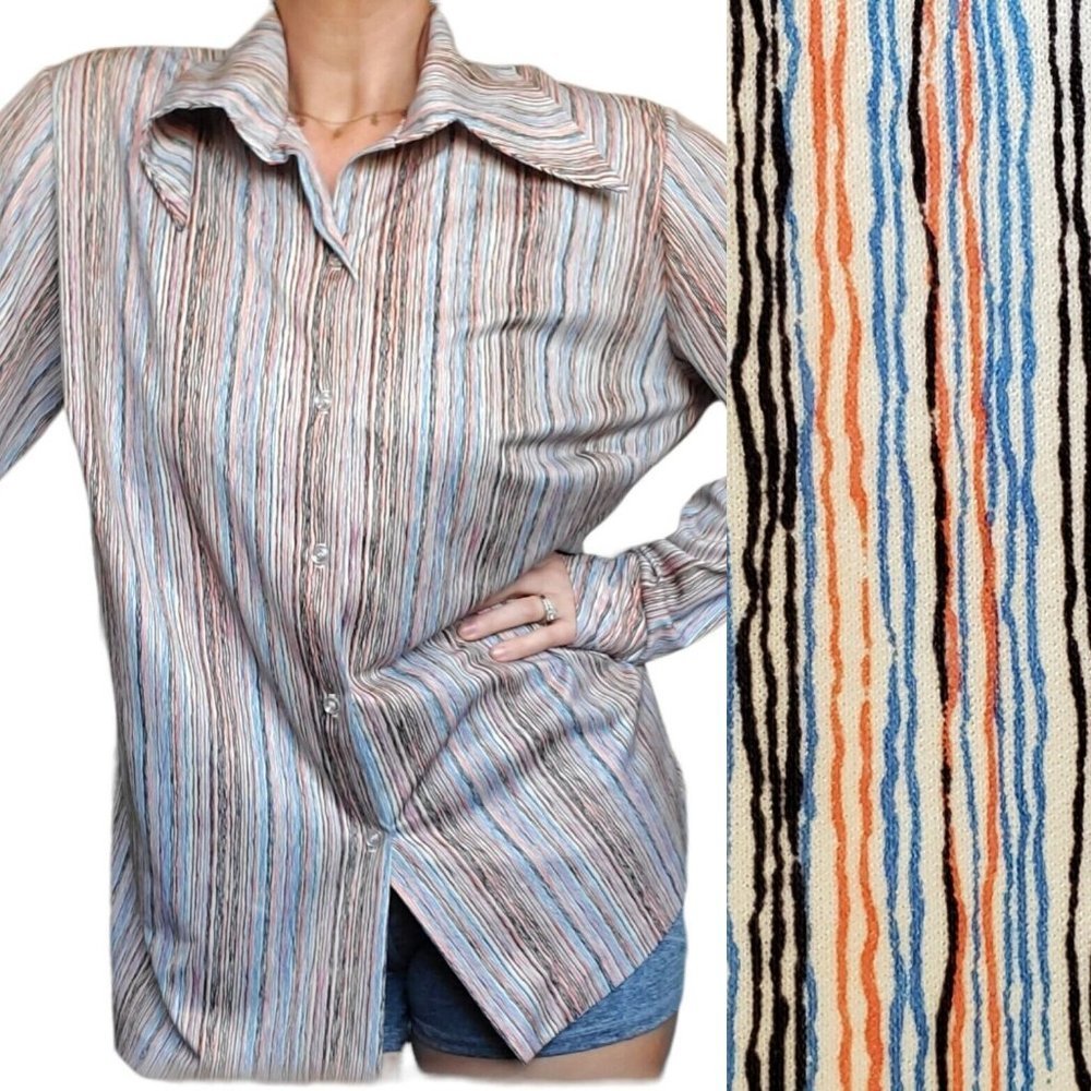 Vintage 70s Retro Disco Button Up Shirt Striped XL 1X Daggard Collar Longsleeve